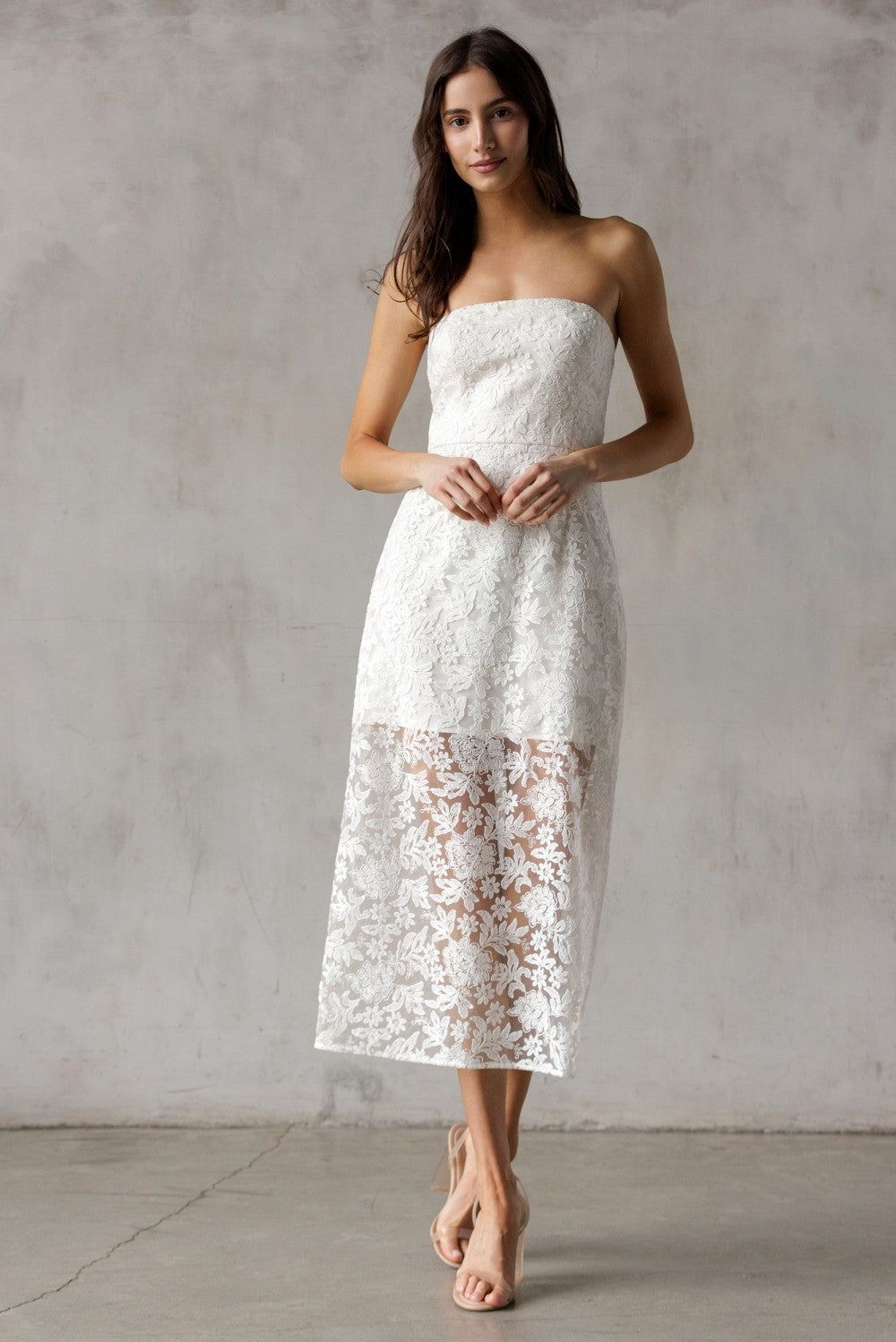 Strapless Lace Overlay Midi Dress