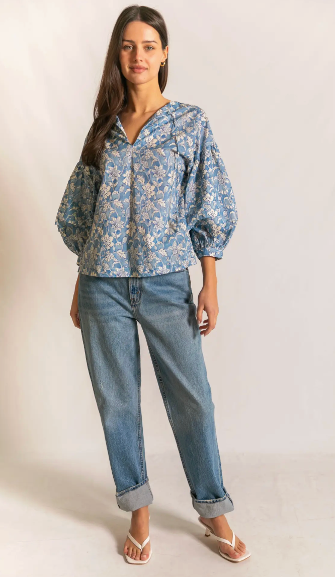 Print Cotton Peasant Blouse