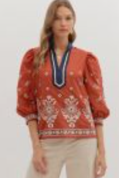 Floral Embroidered Contrast Band Top