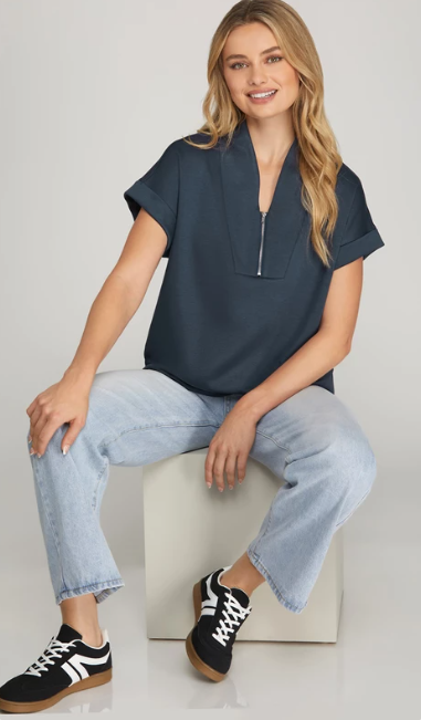 Drop Shoulder Half Zip Top