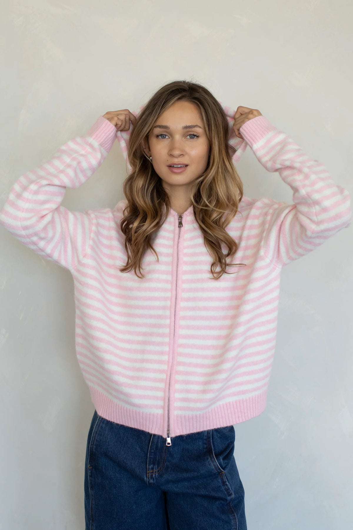 BABY PINK MULTI STRIPE HOOD ZIP-UP
