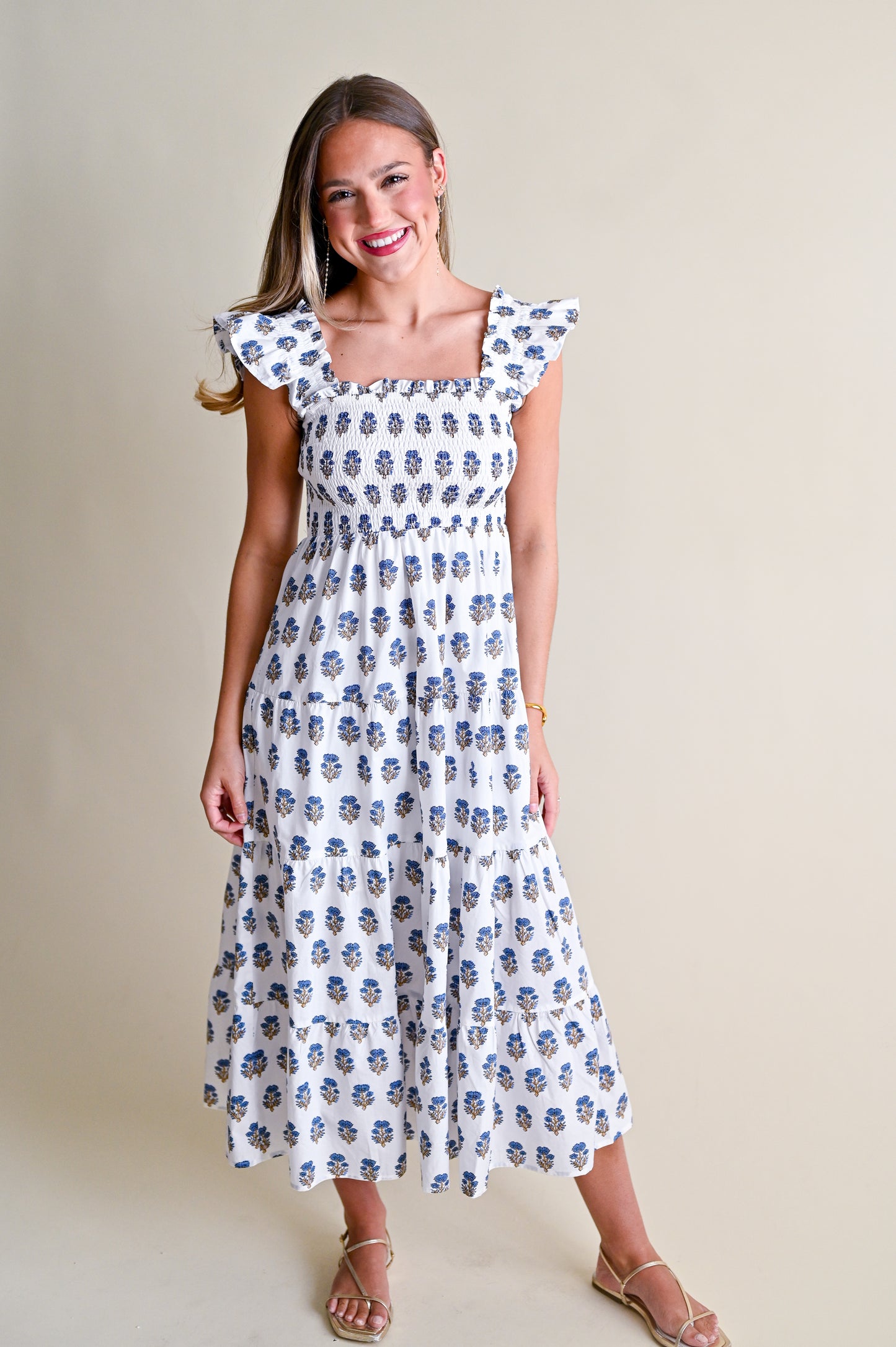 Floral Clusters Smocked Midi Dress