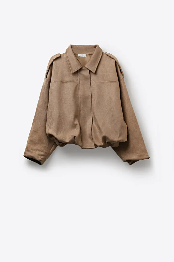 Beige High Collar Leather Jacket