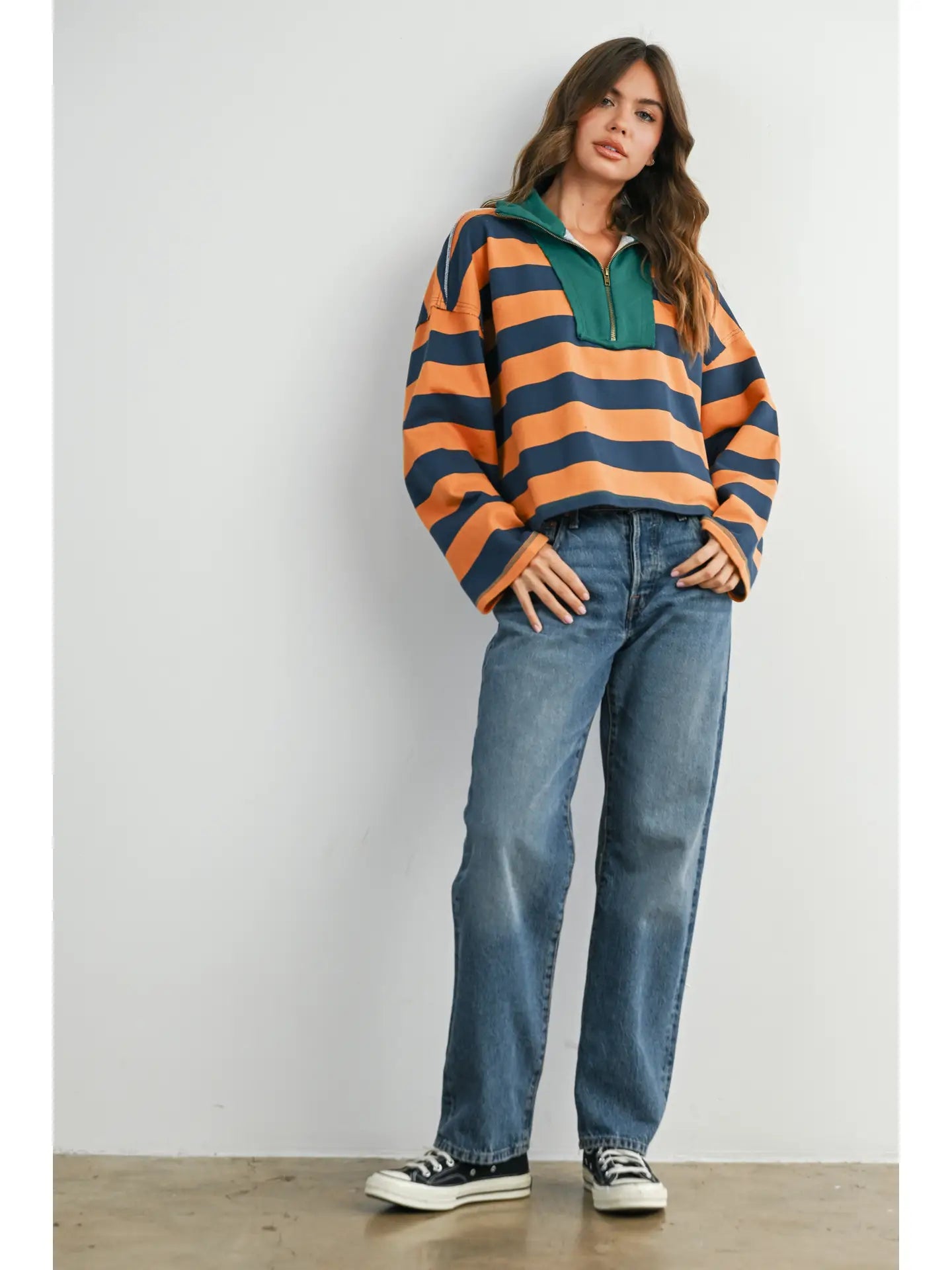 Striped Contrast Collar Quarter Zip Top