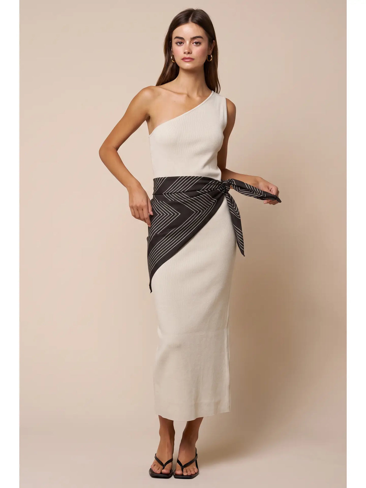 One Shoulder Maxi Dress w/ Striped Side Tie Waist Scarf