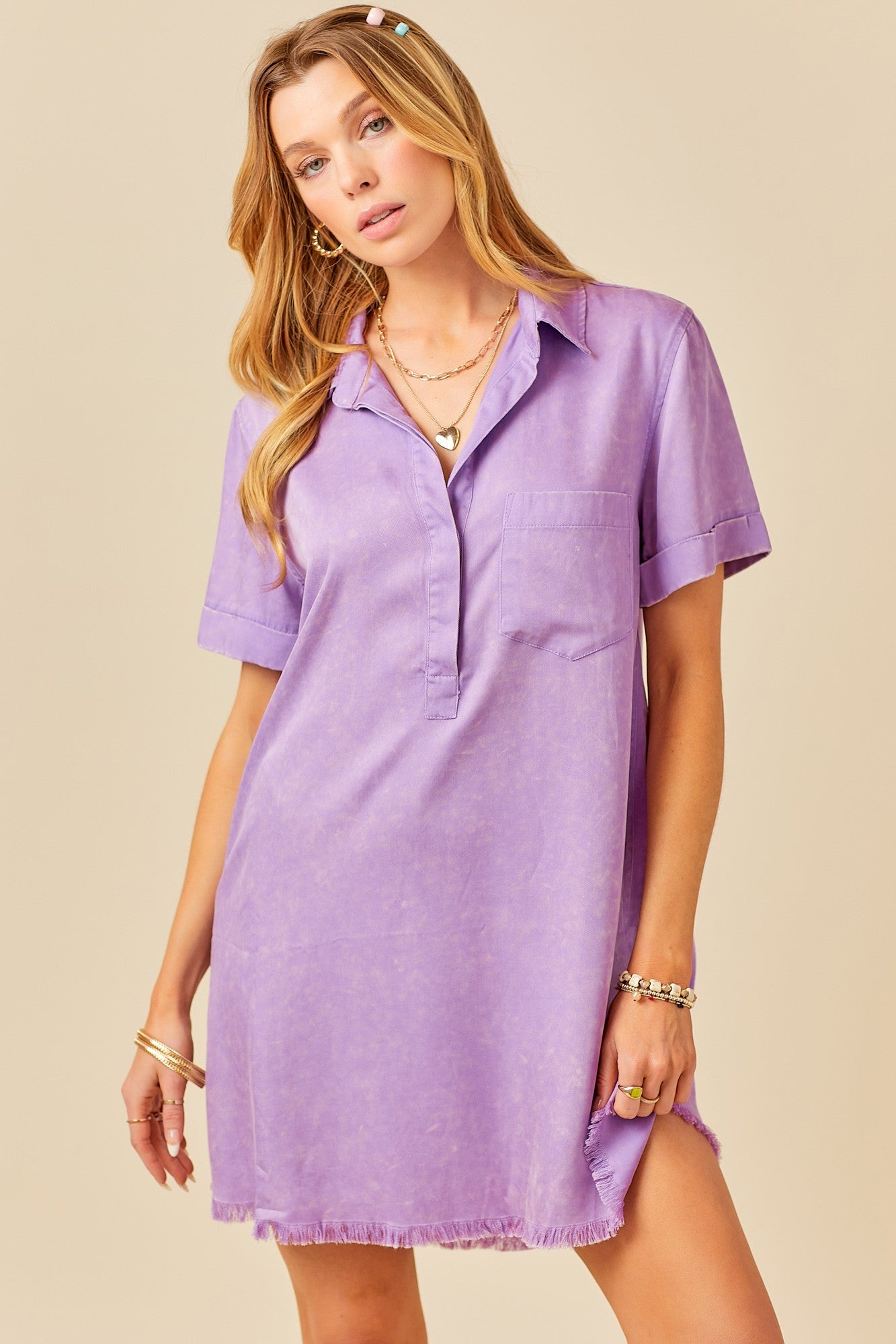 Short Sleeve Washed Denim Shirt Dress