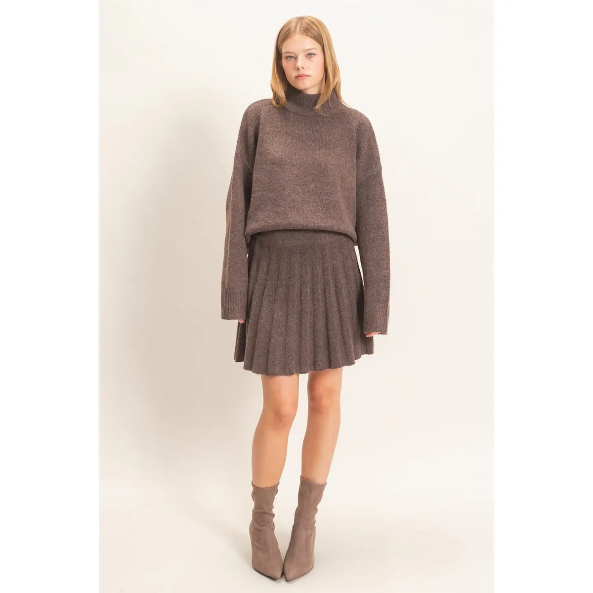 Mock Neck Sweater and Pleated Skirt Set