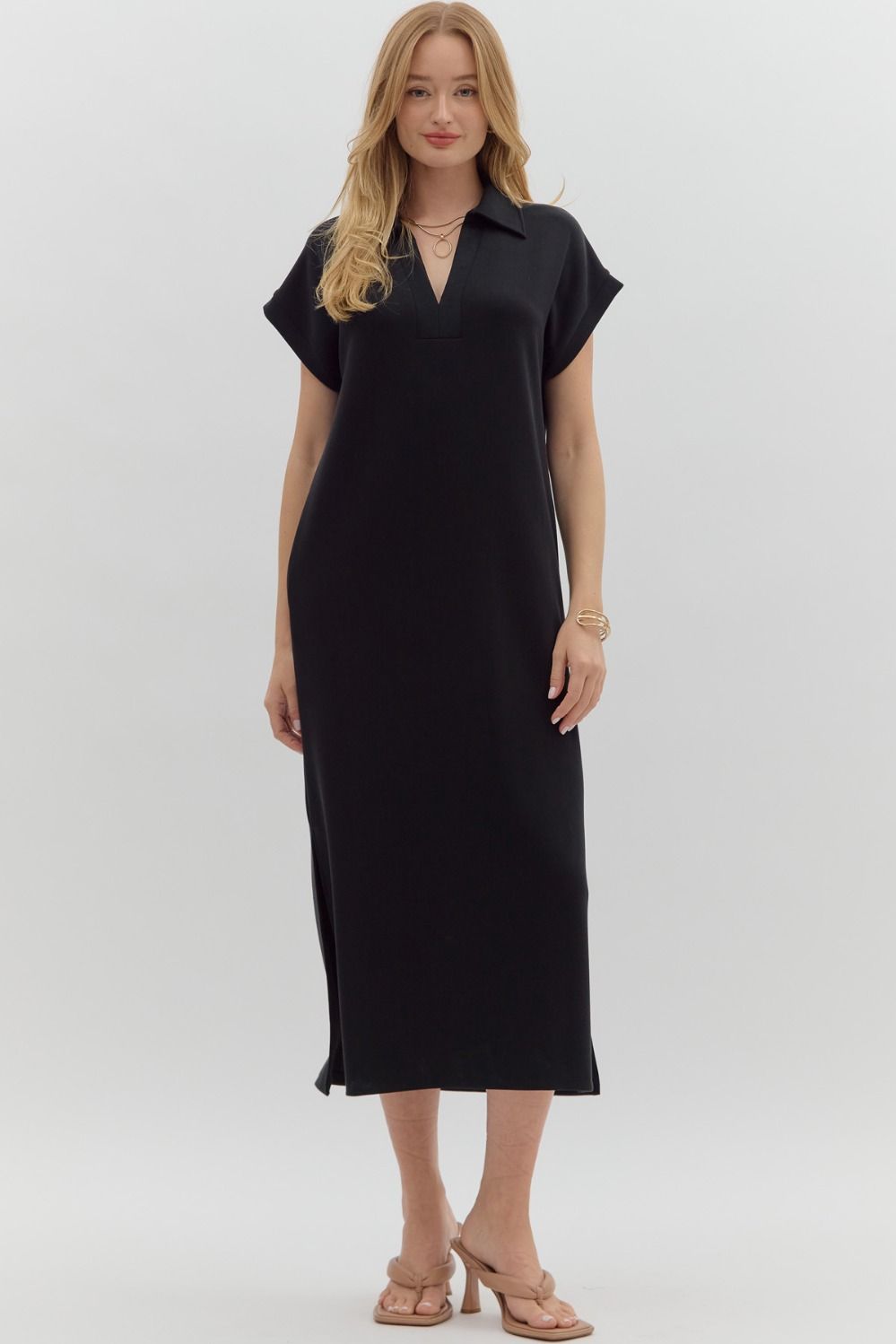 knit midi dress with split Yumi Black Fitted Knit Midi Dress With Side Split