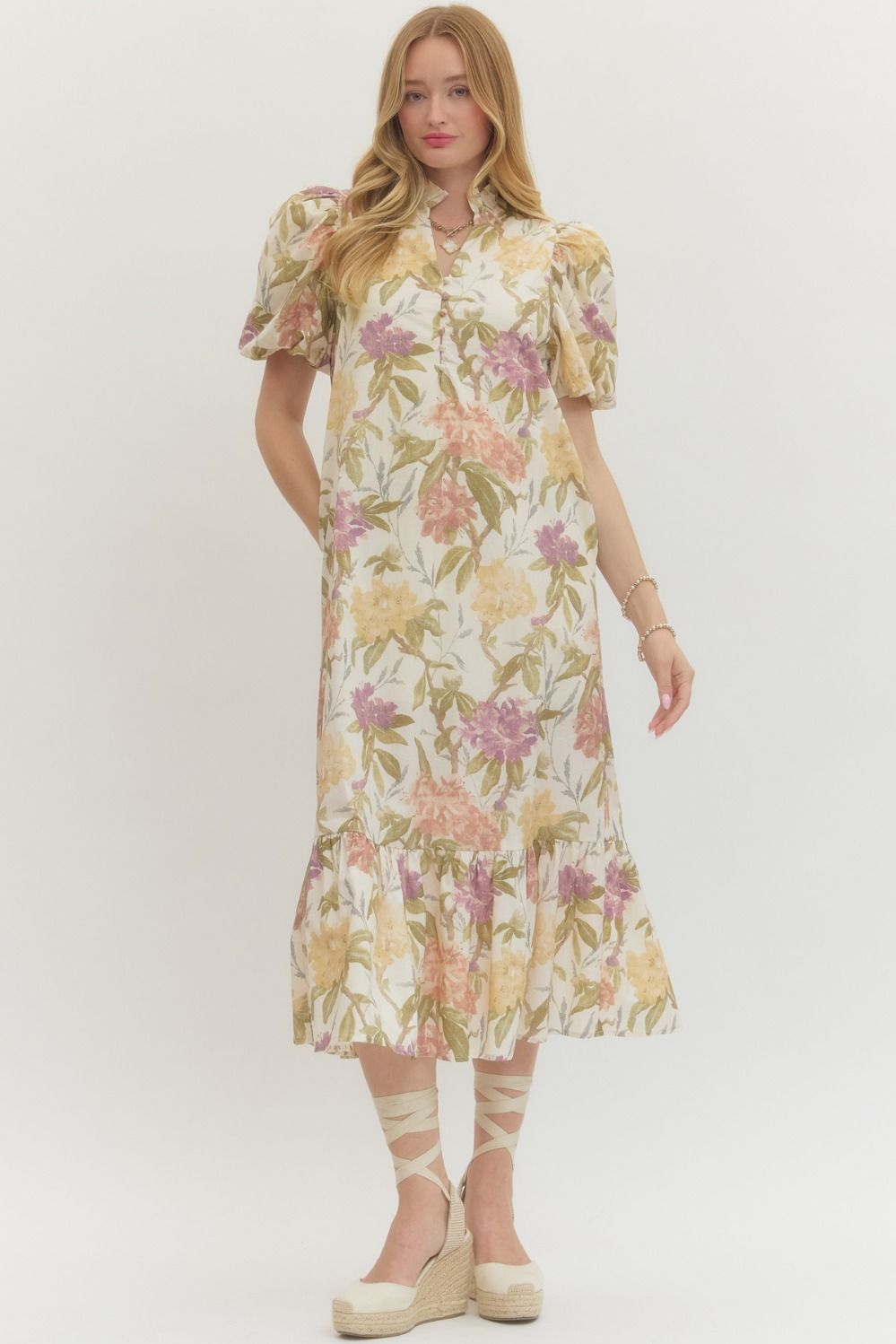 Split Ruffle Neck Floral Midi Dress