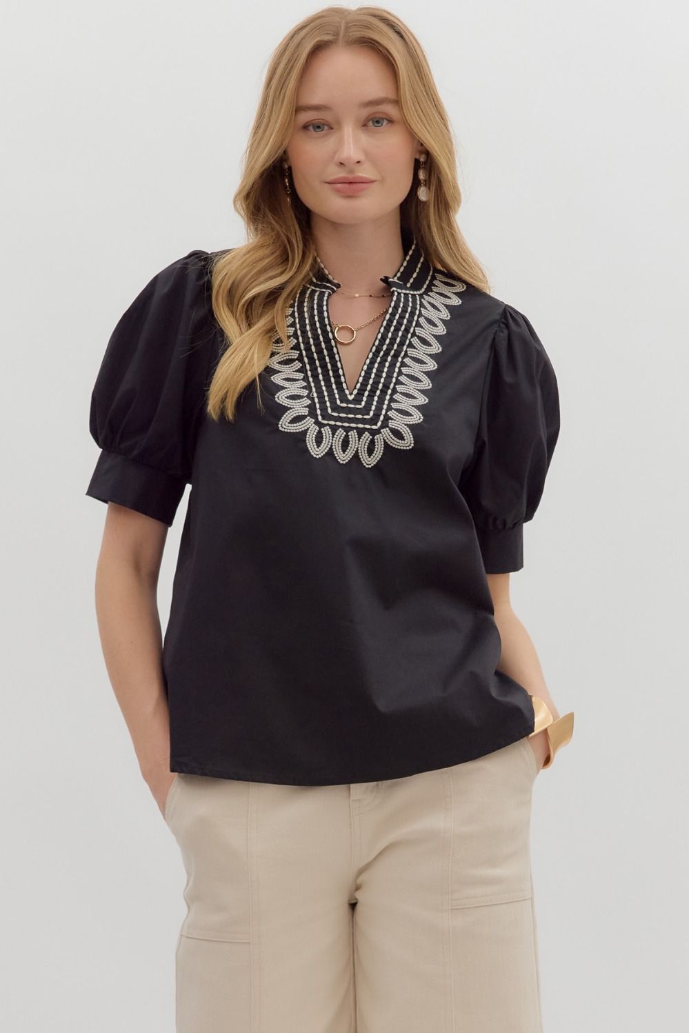 Embroidered V Neck Top
