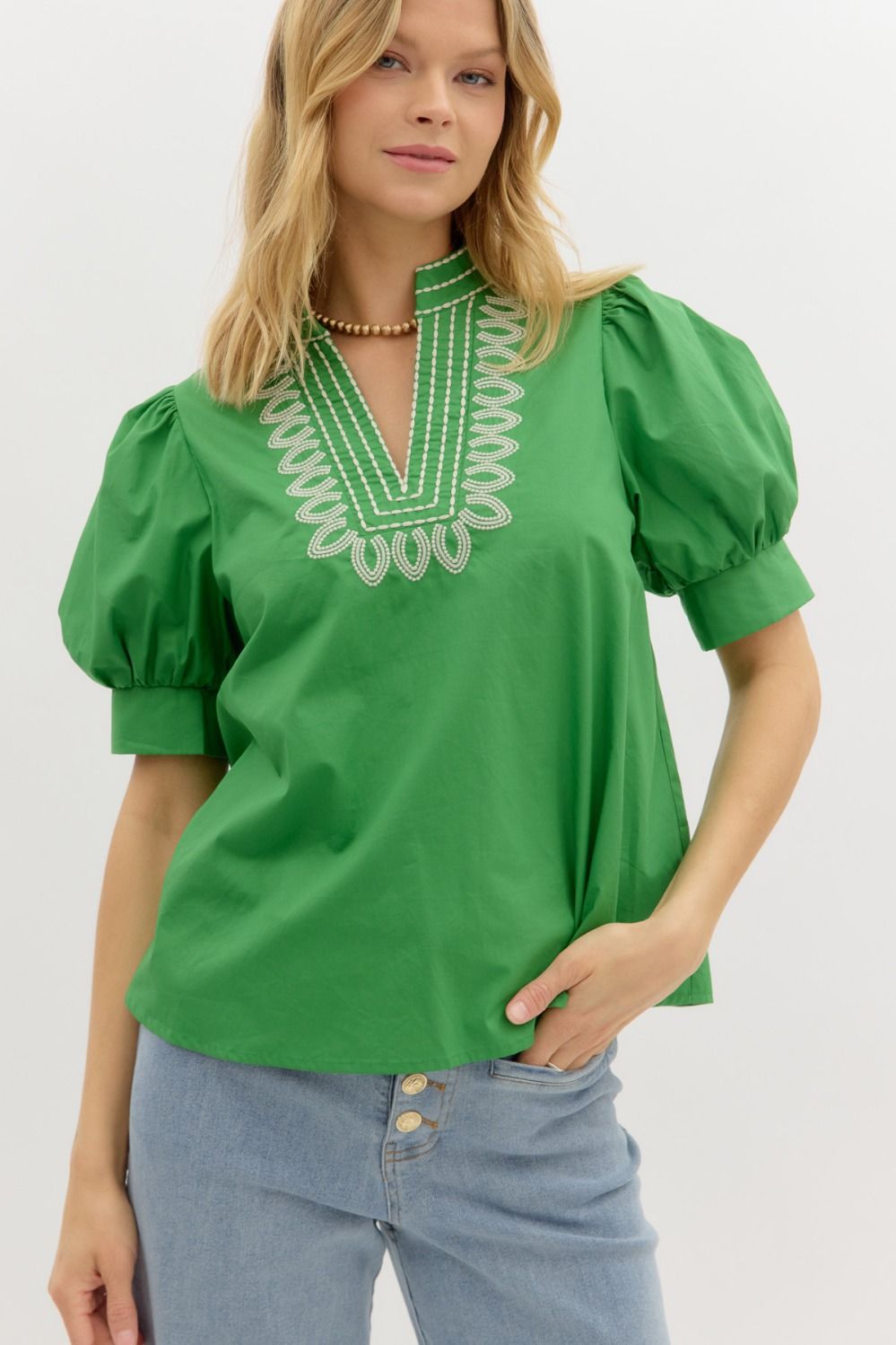 Embroidered V Neck Top