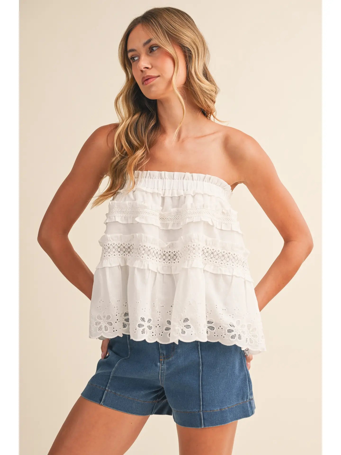 Lace Trim Ruffle Strapless Top