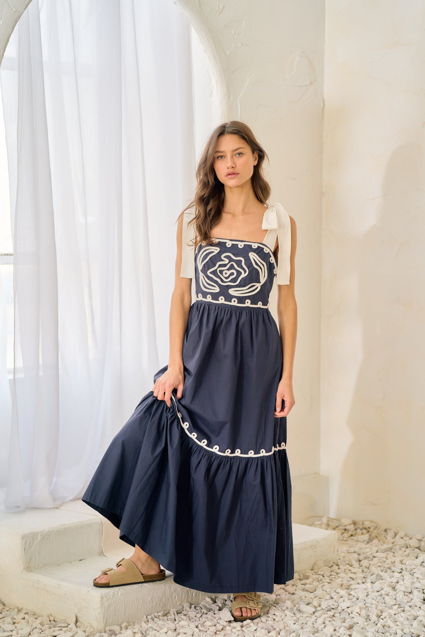 Embroidered Shoulder Tie Maxi Dress