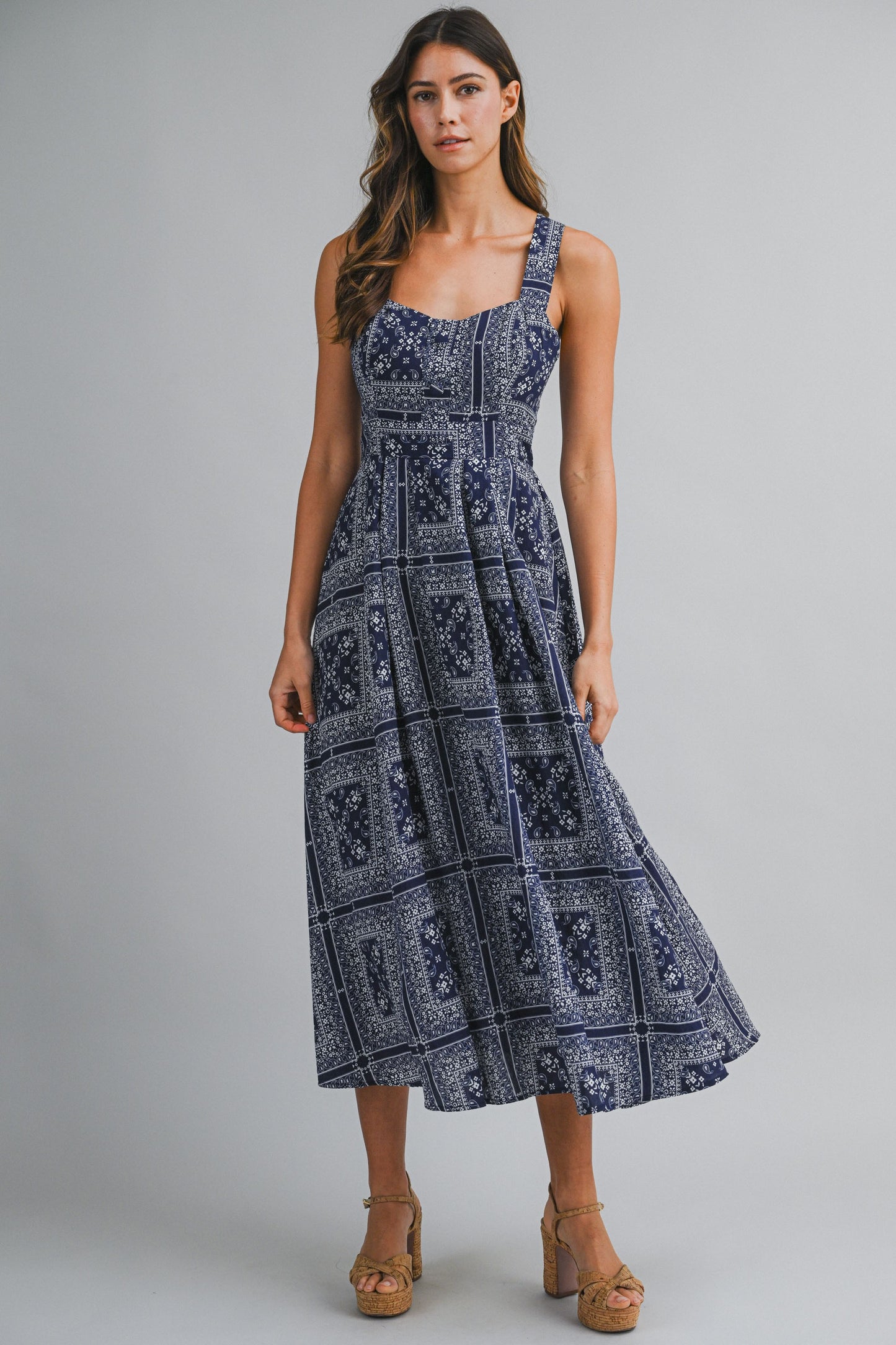 Cross Back Bandana Print Midi Dress