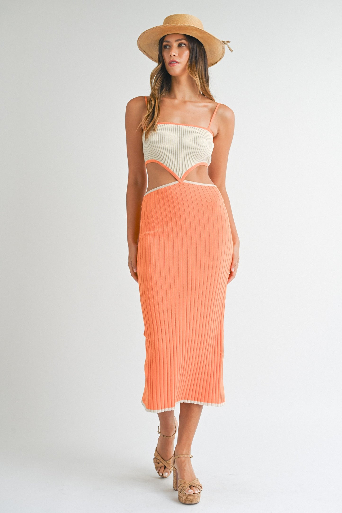 Ribbed Color Block Cutout Midi Dress