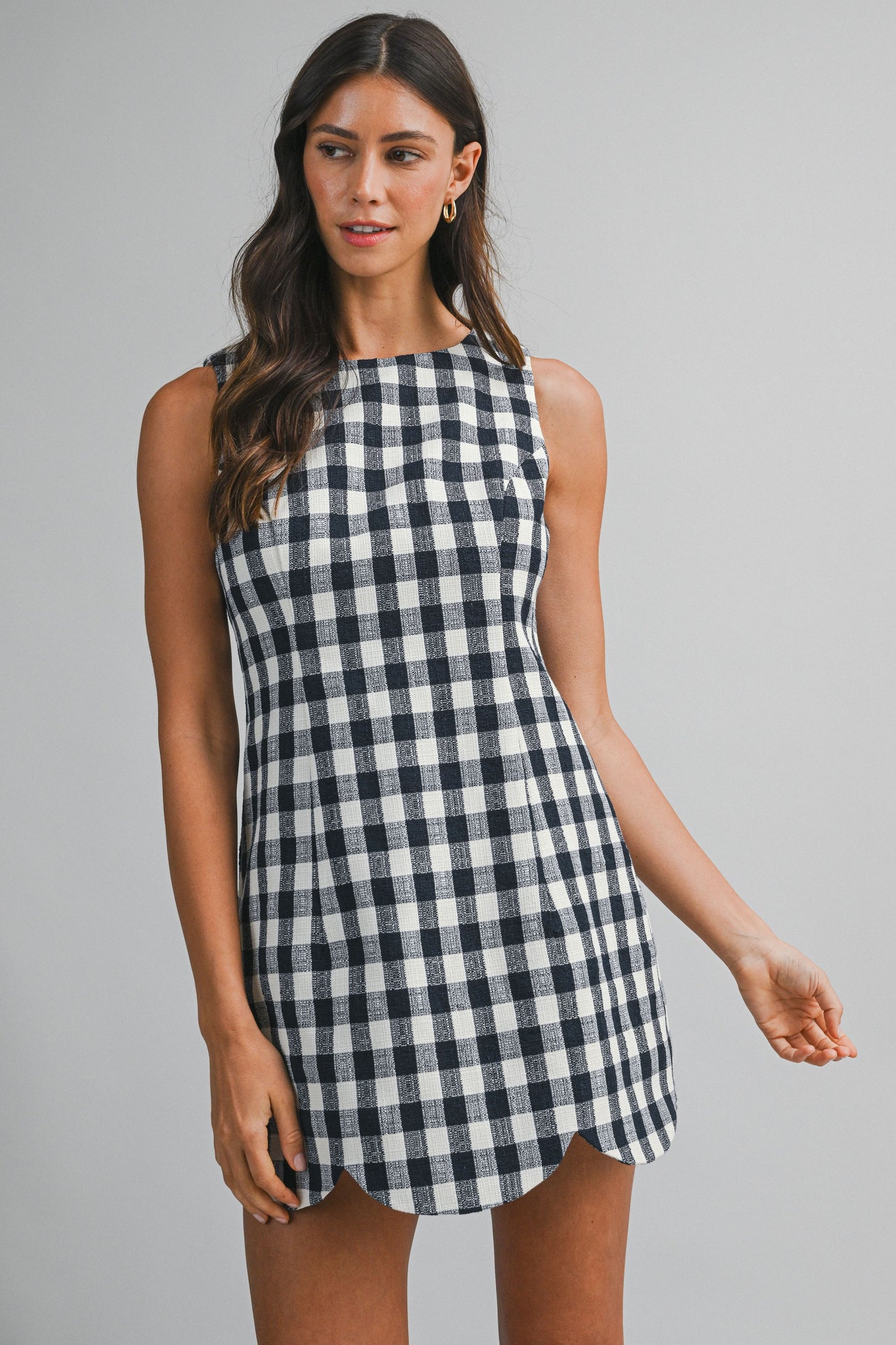 Textured Plaid Scallop Hem Dress