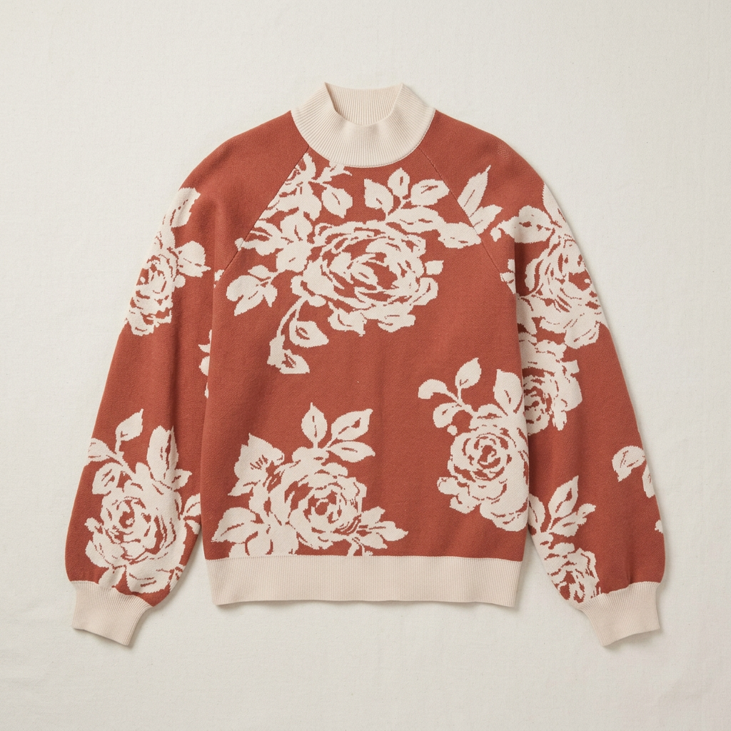 Bold Floral Jacquard Knit Mock Neckline Sweater