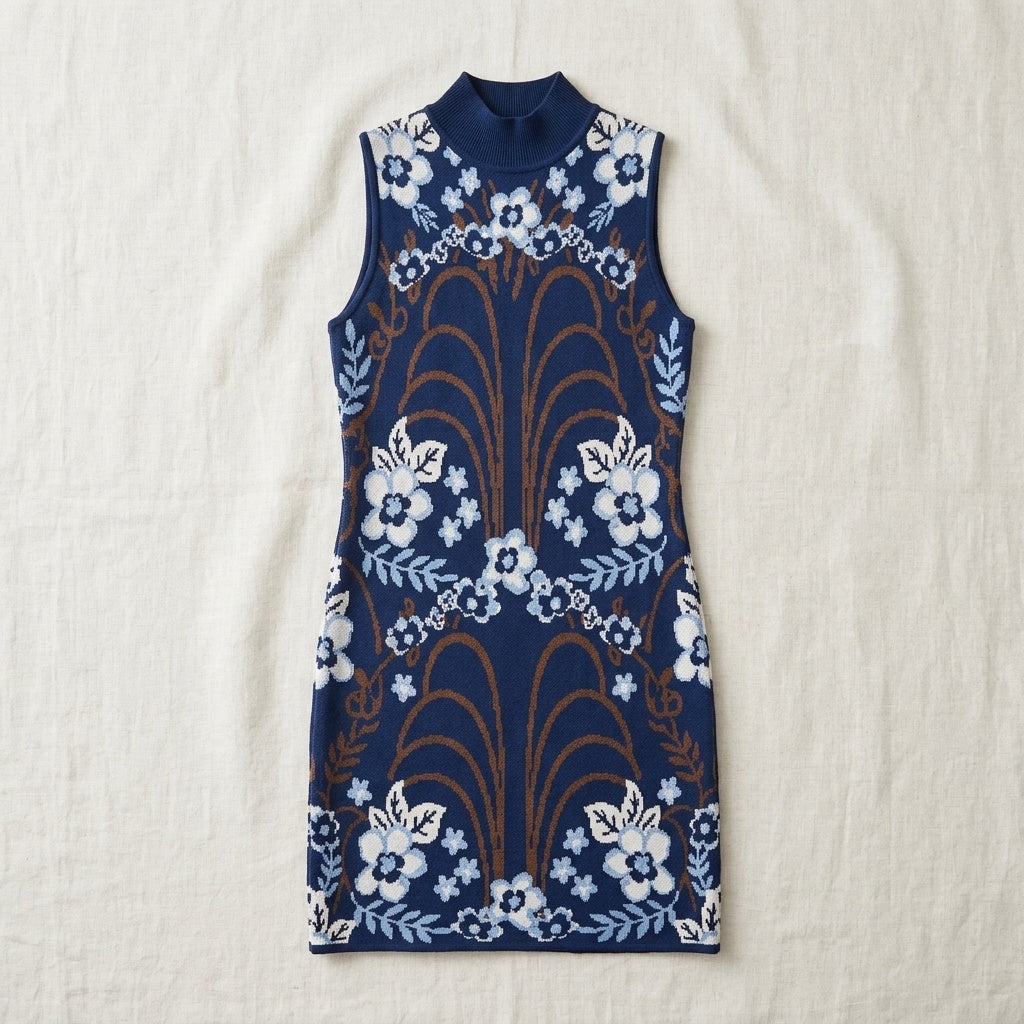 High Neck Sleeveless Pattern Dress