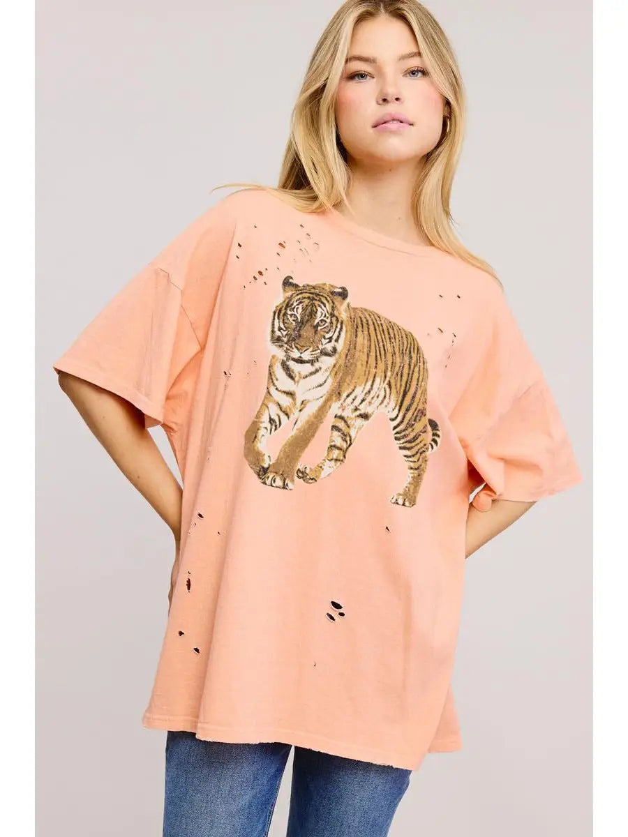 Vintage Tiger Graphic Distressed Oversized Seamless Tee