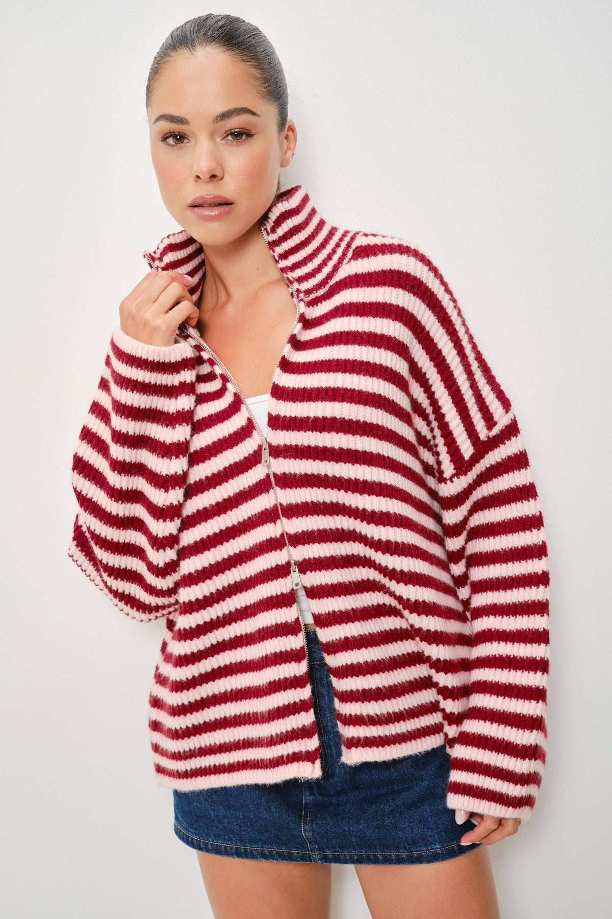 ZANE STRIPED MOCKED NECK ZIP UP JACKET