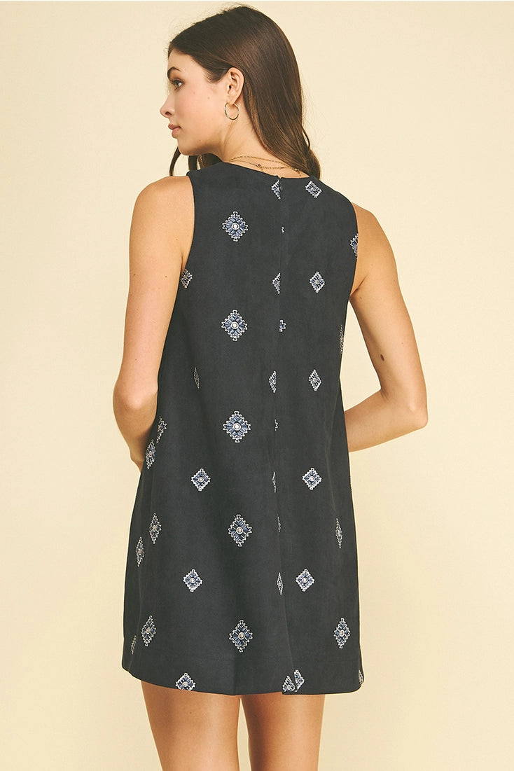 Embroidered Suede A-Line Mini Dress