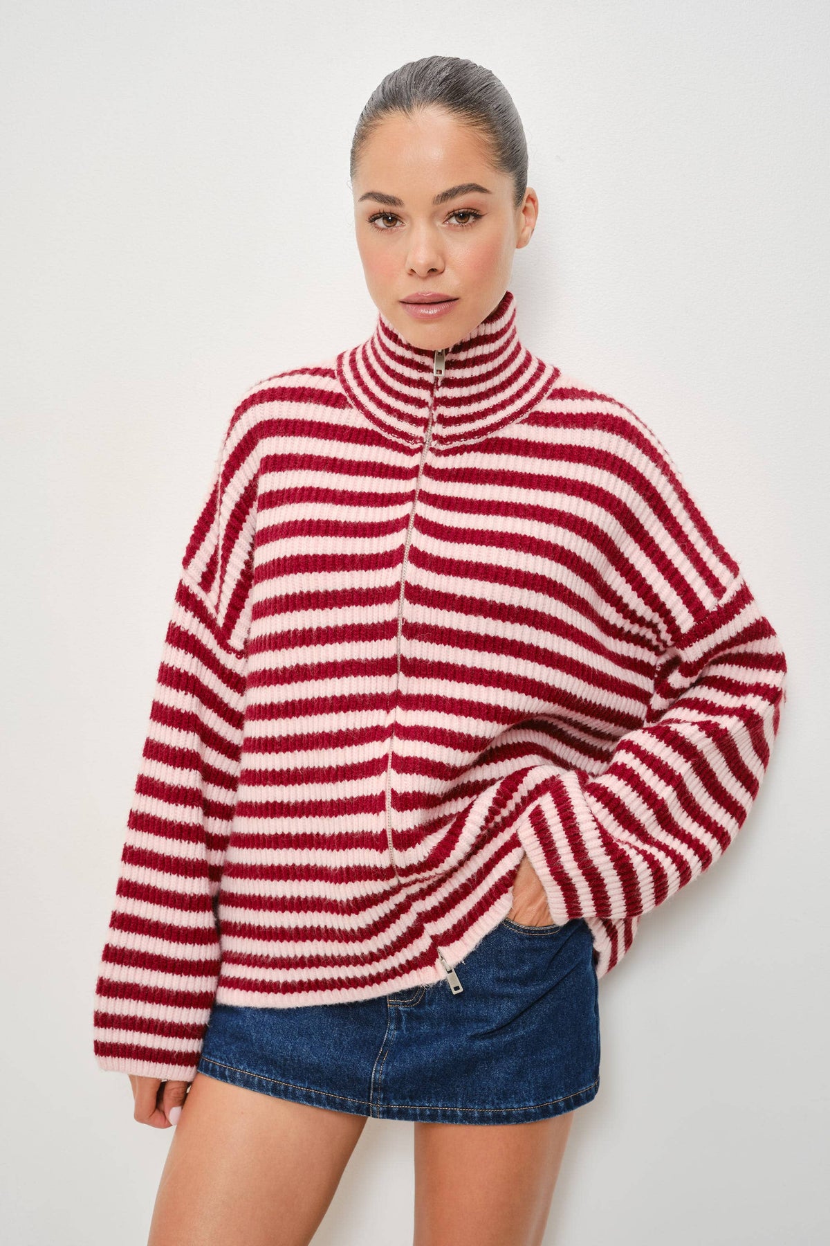 ZANE STRIPED MOCKED NECK ZIP UP JACKET