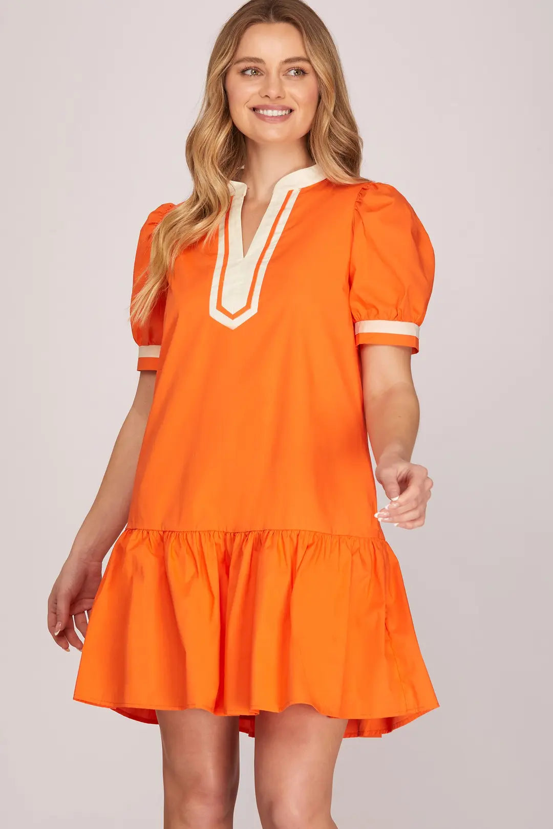 Puff Sleeve Contrast Trim Dress