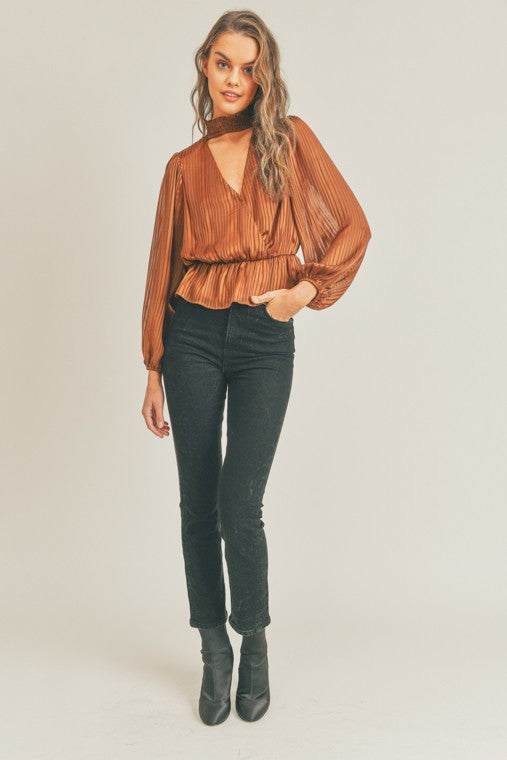 TONAL STRIPE LONGSLEEVE SURPLICE BLOUSE