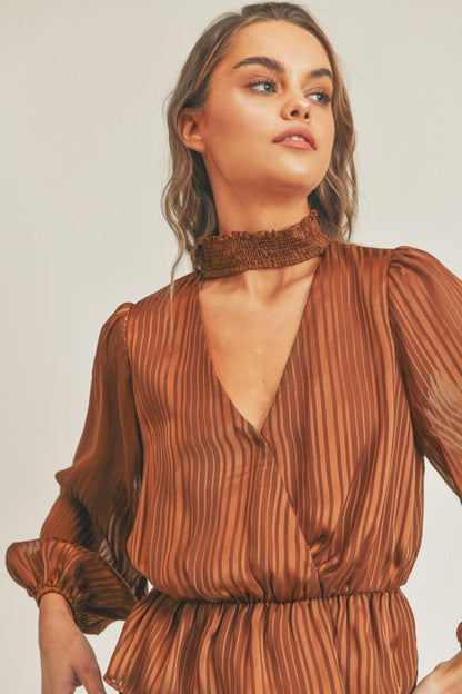 TONAL STRIPE LONGSLEEVE SURPLICE BLOUSE