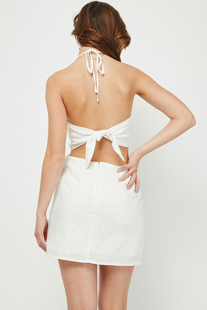 HALTER NECK LINEN MINI DRESS WITH SIDE CUT OUT