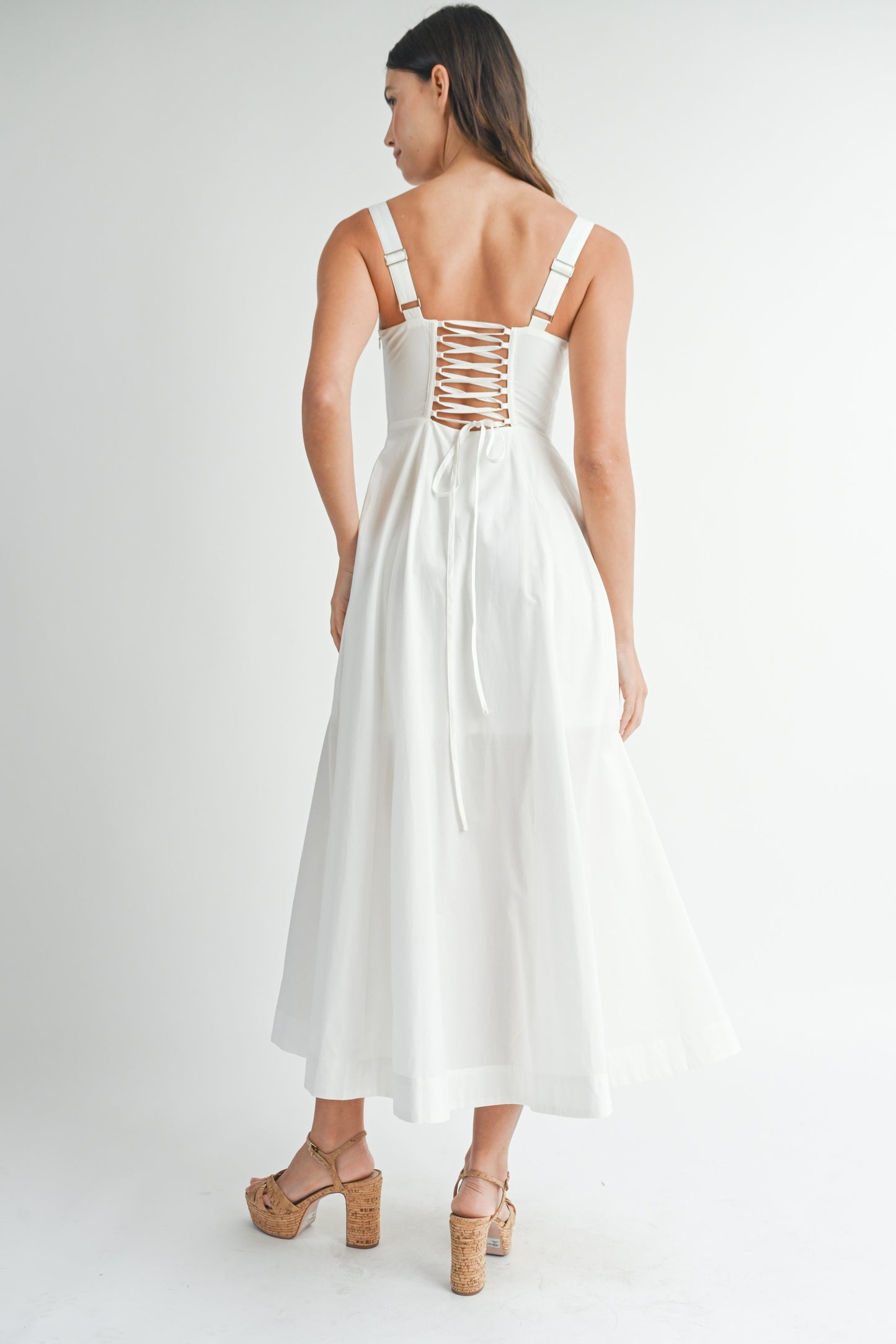 POPLIN BUSTIER BACK LACE UP BODICE MIDI DRESS