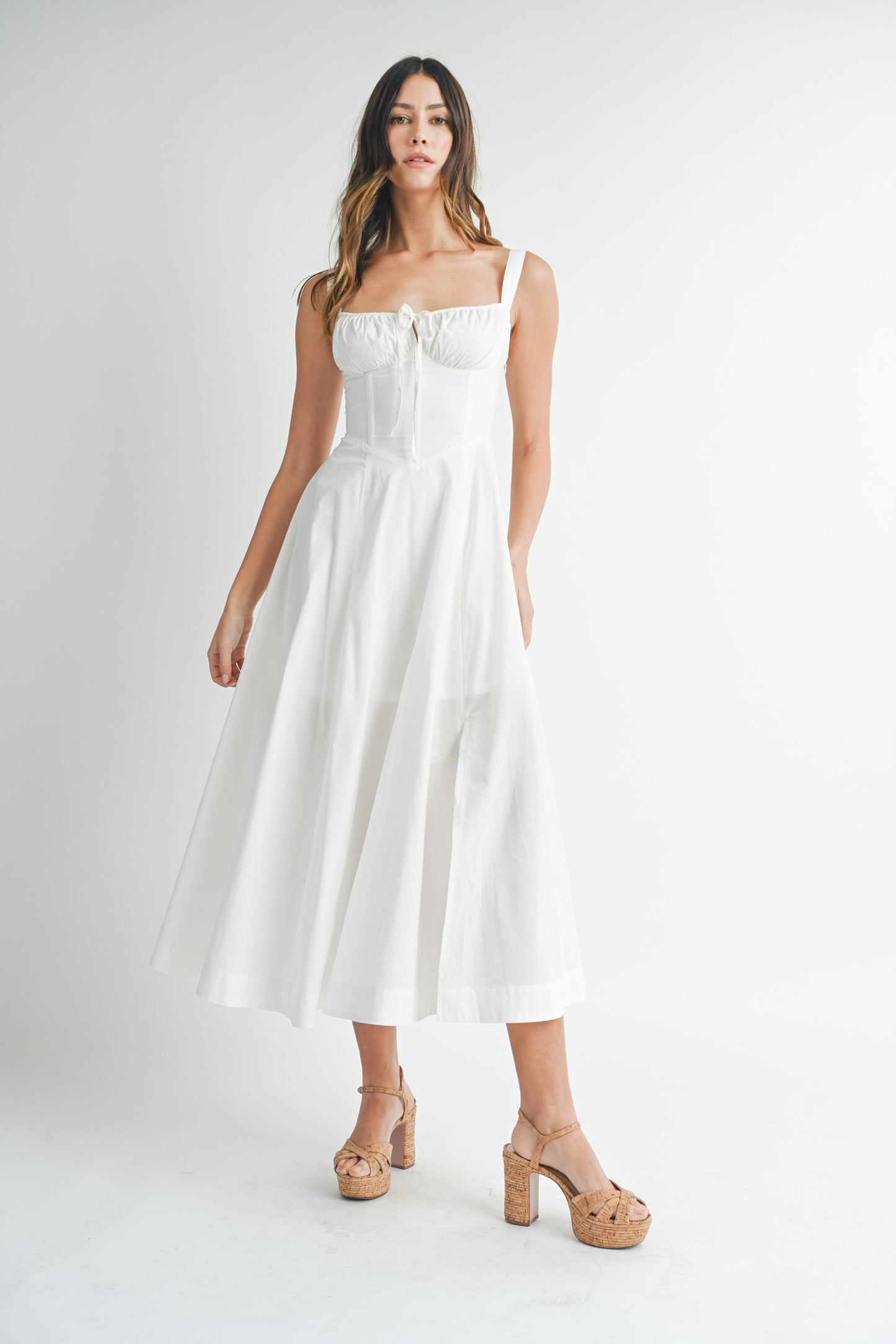 POPLIN BUSTIER BACK LACE UP BODICE MIDI DRESS