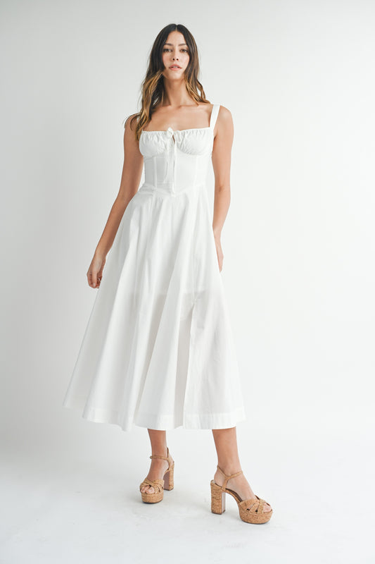 POPLIN BUSTIER BACK LACE UP BODICE MIDI DRESS