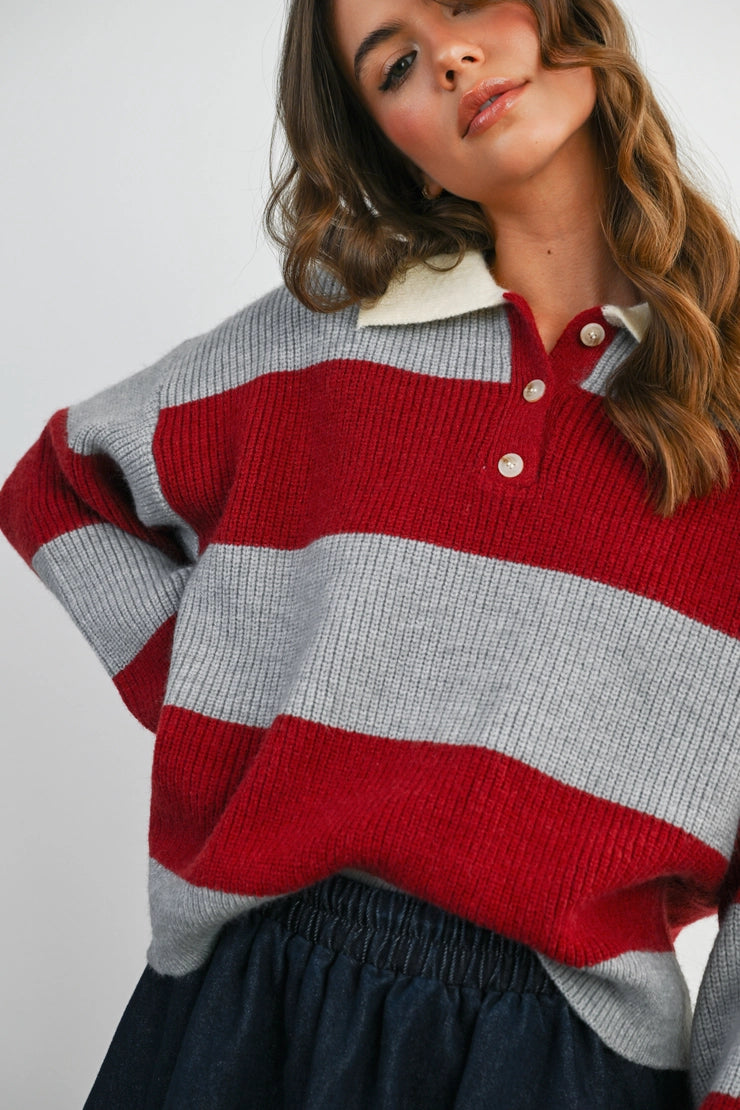 Buttoned Striped Collared Long Sleeve Top