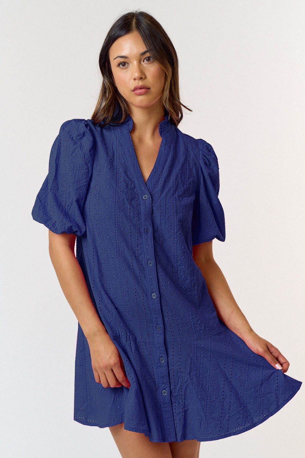COTTON EYELET PUFF SLEEVE BUTTON DOWN SHIRT DRESS