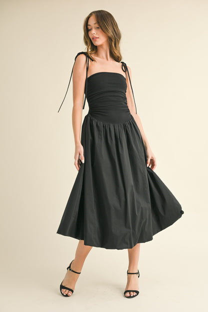 SHOULDER TIE SIDE DRAWSTRING MIDI BUBBLE DRESS