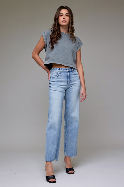 Ella Light Wash Raw Hem Classic Straight Jean