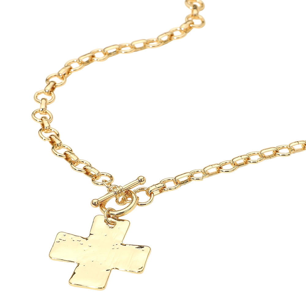 Hammered Metal Cross Pendant Necklace