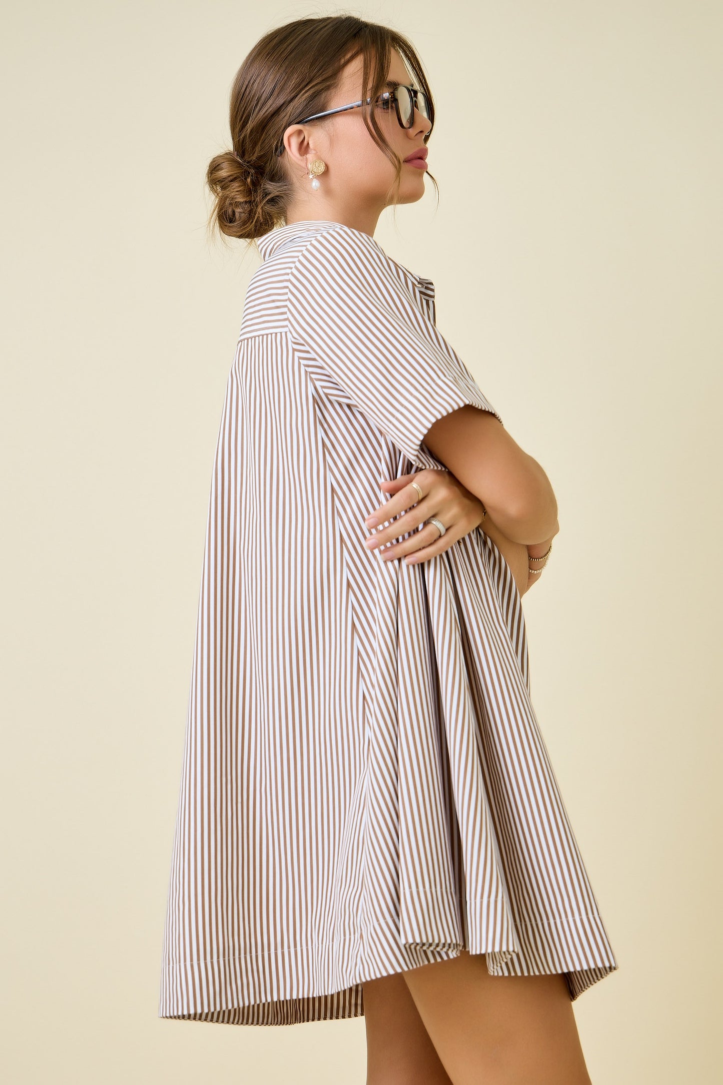 Striped Short Sleeve A-line Shirt Swing Dress