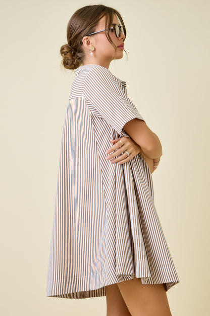Striped Short Sleeve A-line Shirt Swing Dress