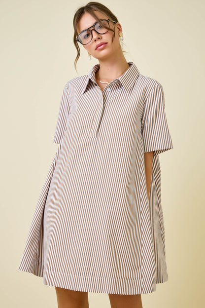 Striped Short Sleeve A-line Shirt Swing Dress