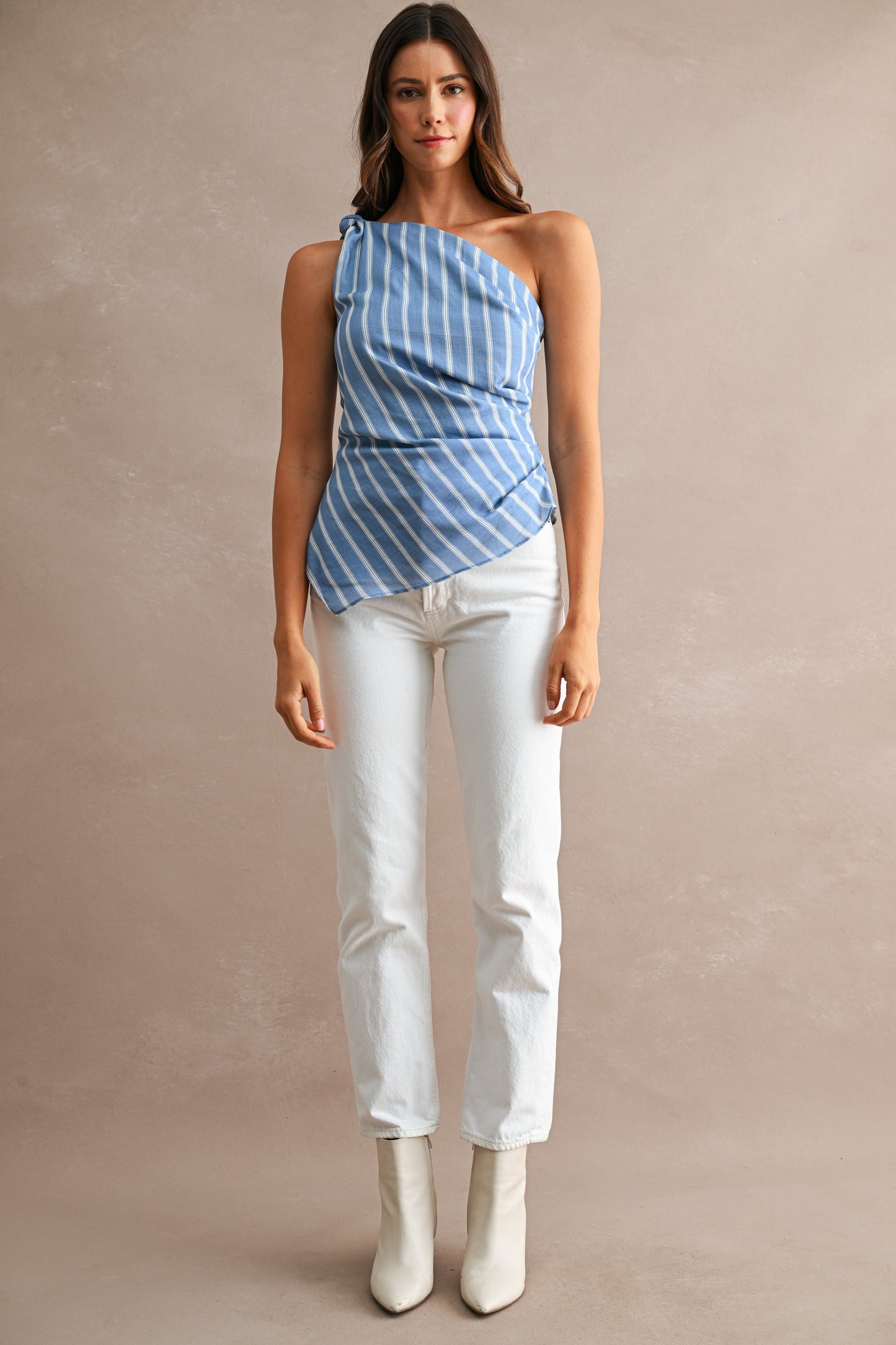 Striped One Shoulder Asymmetrical Neckline Ruched Bodice Top