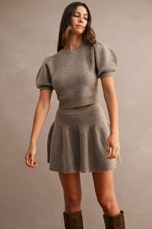 Puff Short Sleeve Knit Crop Top And Mini Skirt Set
