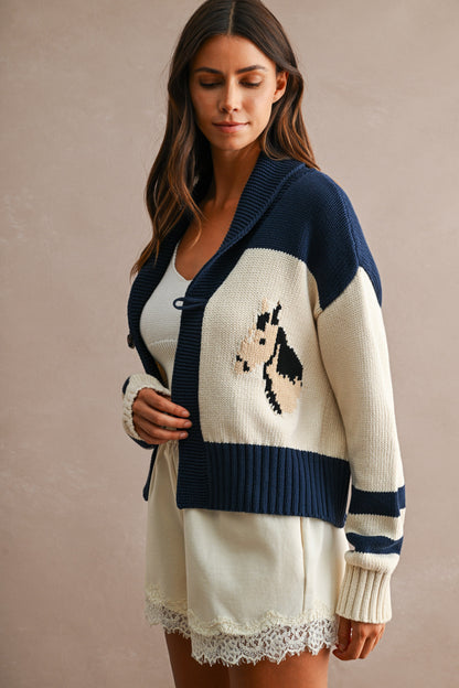 Horse Jacquard Shawl Collar Contrast Panelling Knit Cardigan