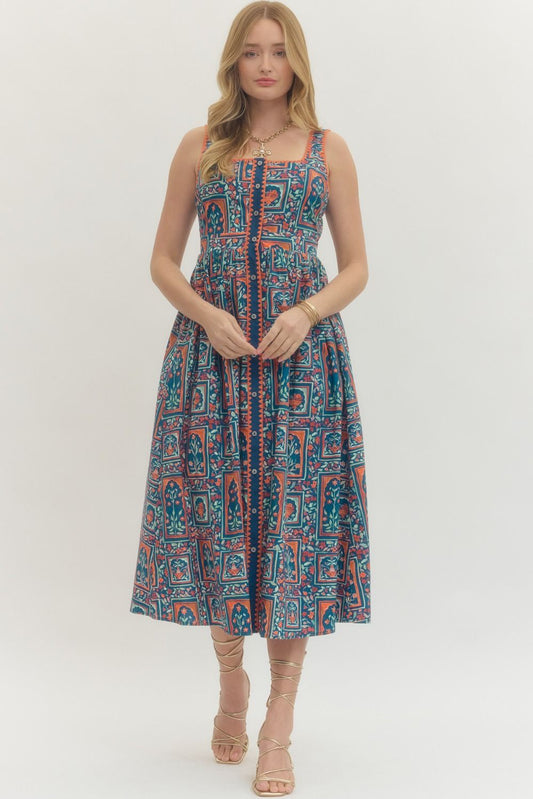 Botanical Front Button Midi Dress