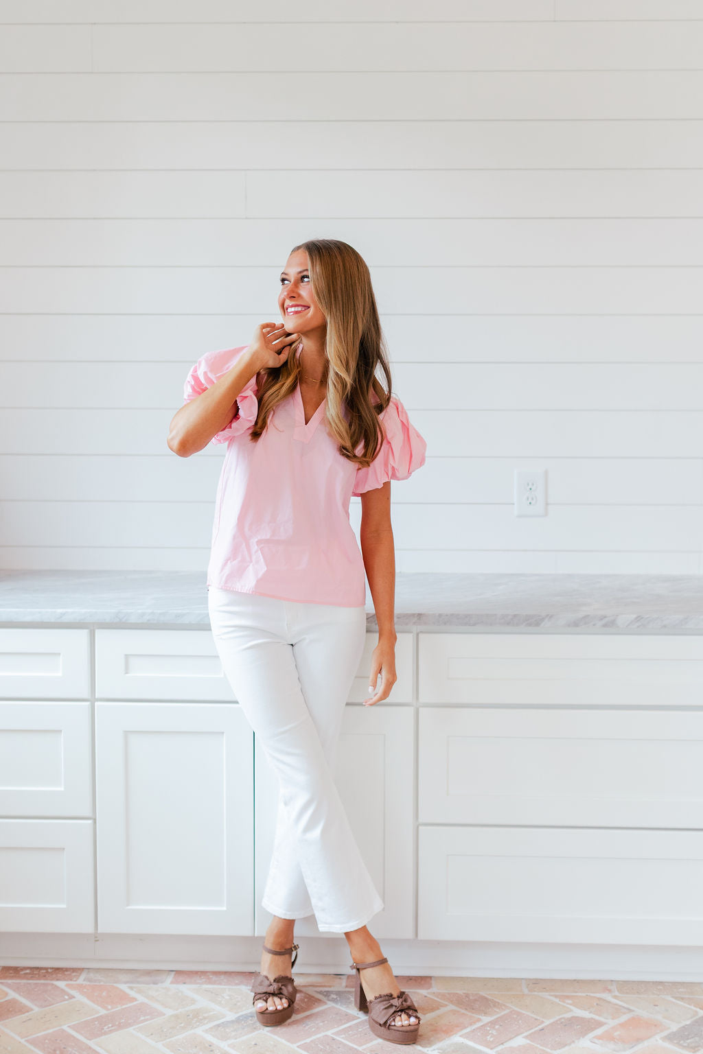 Puff Sleeve V Neck Top