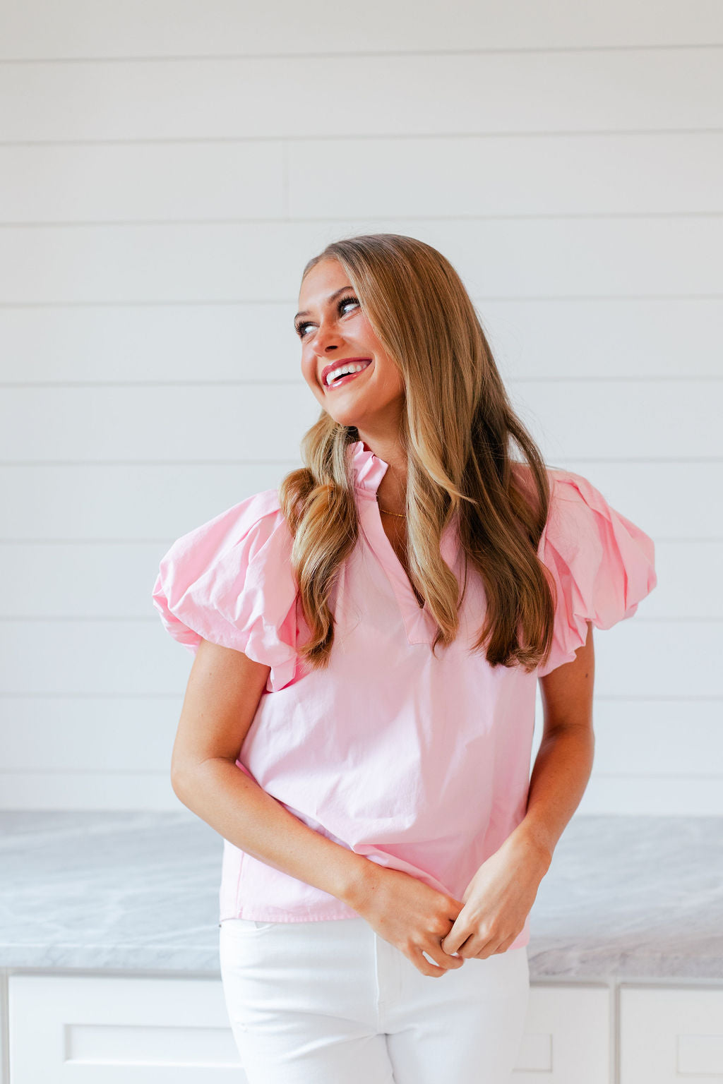 Puff Sleeve V Neck Top