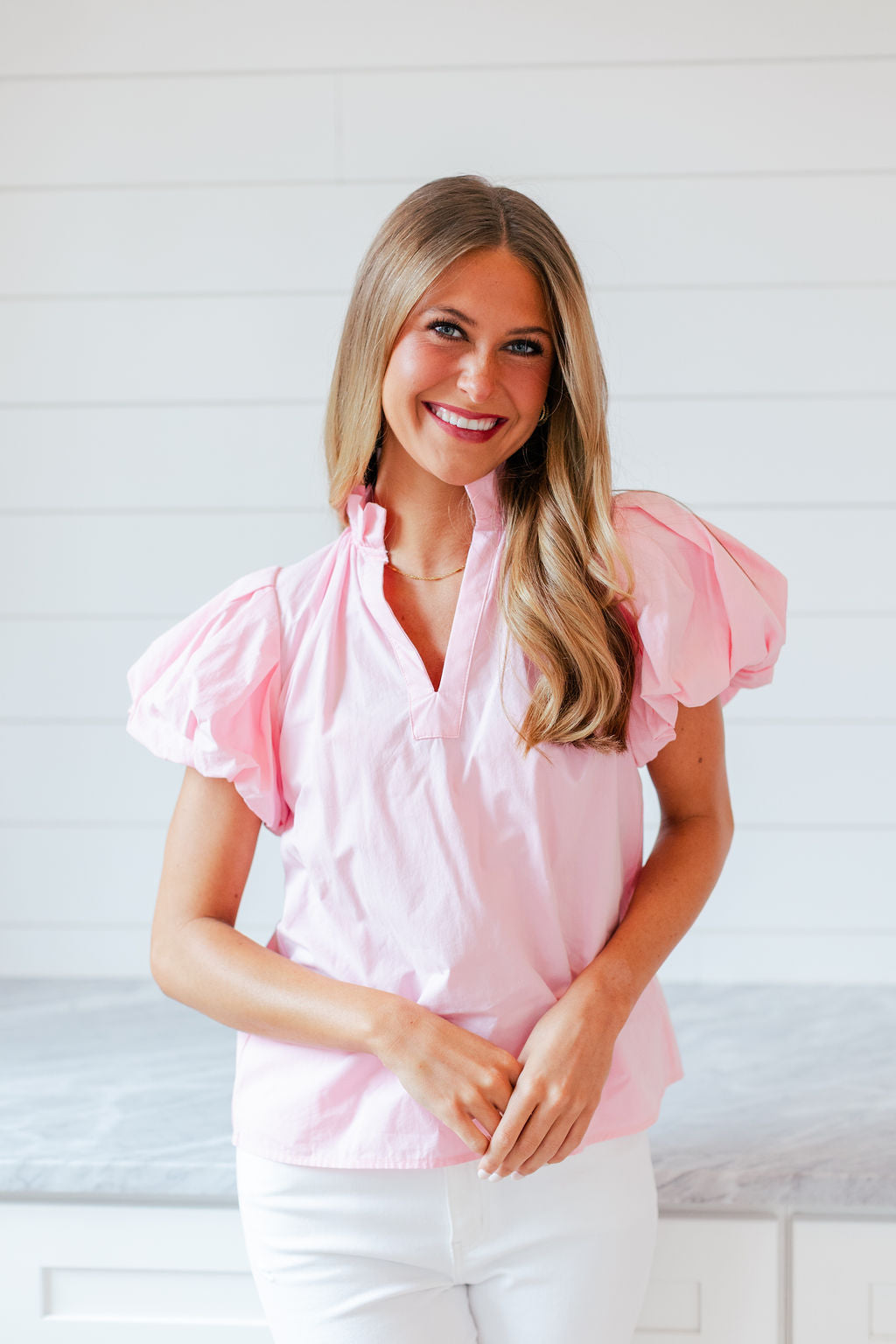 Puff Sleeve V Neck Top