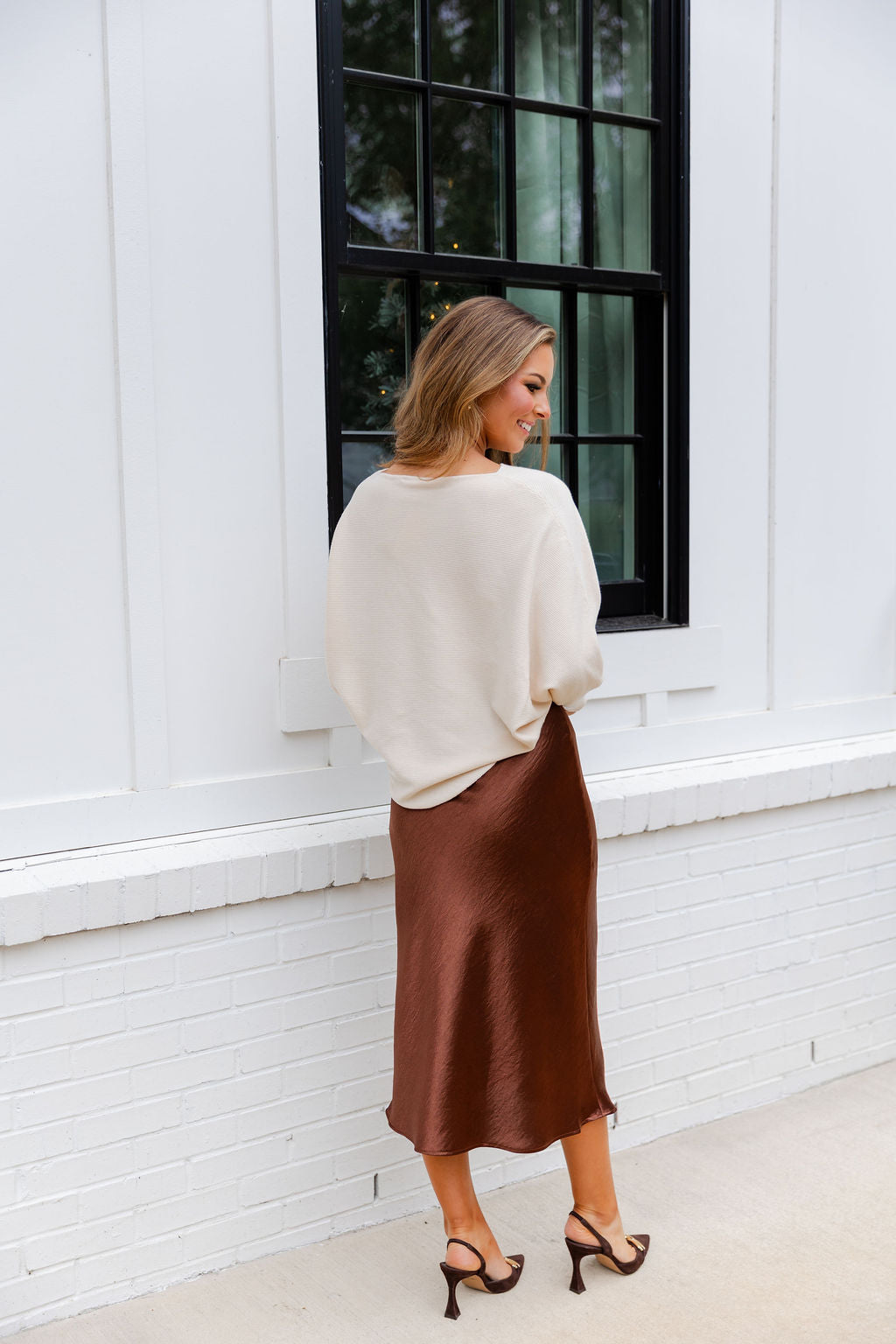 High Waisted A Line Satin Midi Skirt