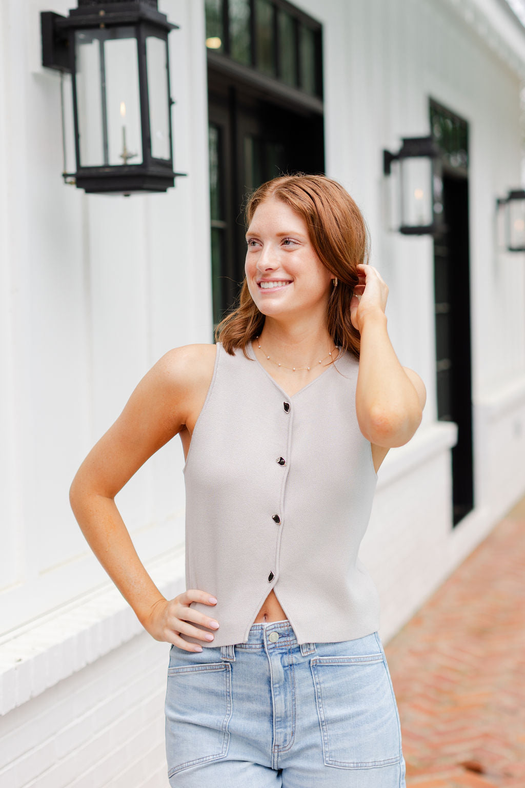 Sleeveless Button Down Knit Top